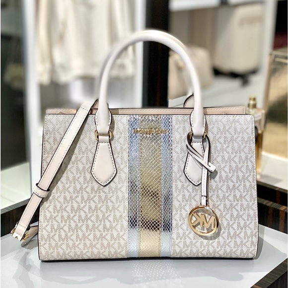 Michael Kors Sheila Medium Signature Logo and Metallic Satchel Crossbody - Picture 6 of 16